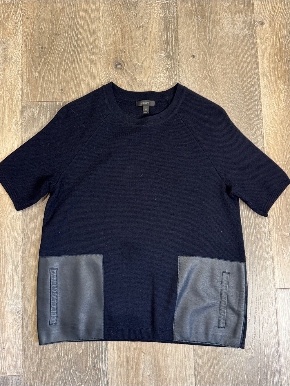 J. Crew Merino Wool Navy Crewneck Short-Sleeve Sweater w/ Leather Pockets CB0847